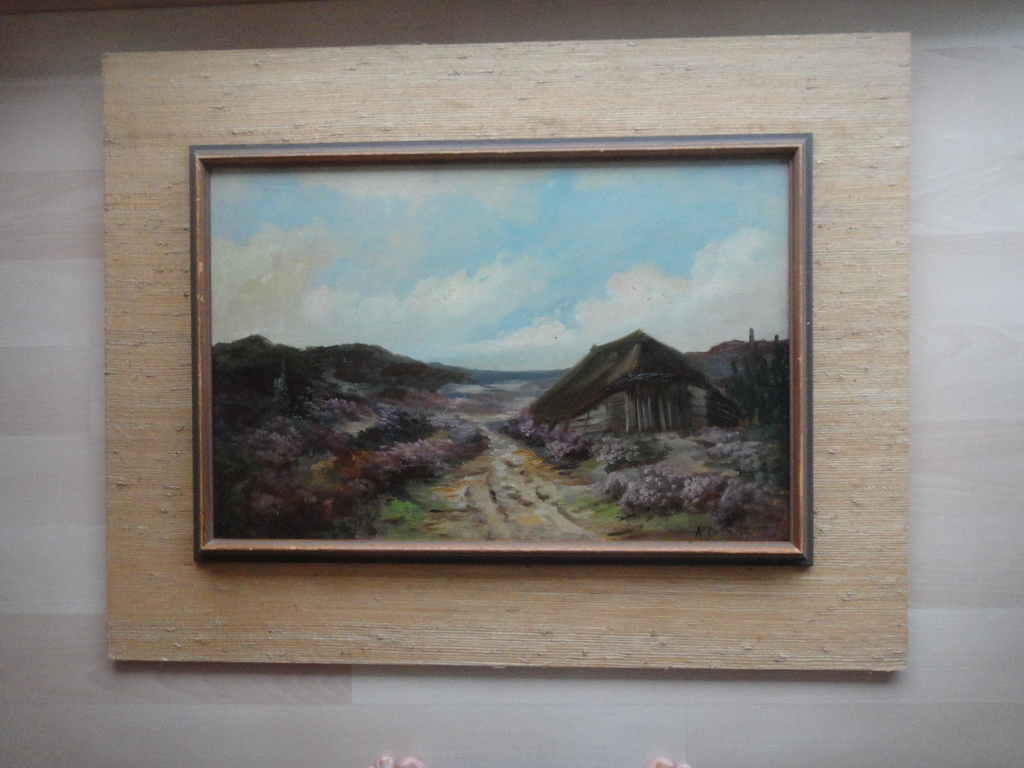 Aat van Dijk, olieverf op doek op paneel, schaapskooi in heidelandschap kopen? Bied vanaf 1!