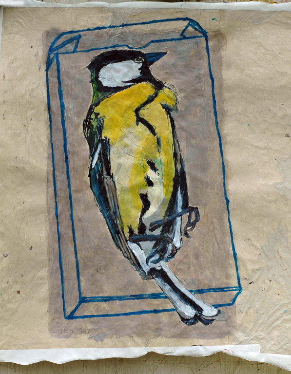 Hans Ebeling Koning, gouache, koolmees op doos kopen? Bied vanaf 50!