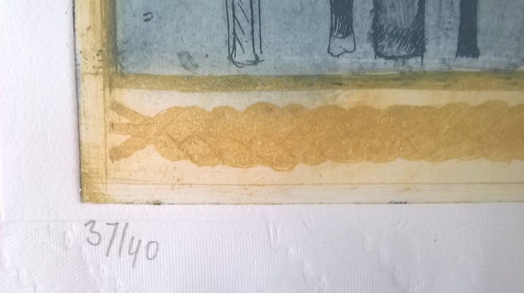 Karin Campfens, kleuren ets, Spreuk: Roeien met de riemen die je hebt kopen? Bied vanaf 25!