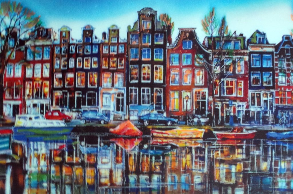 Elena Polyakova (21e eeuw)  - Amsterdamse gracht -Gemengde techniek op doek kopen? Bied vanaf 100!