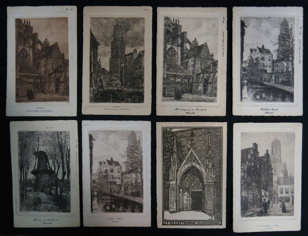 Okskar Paul Matthes: 7x Ets op ansichtkaart + 1x onbekend, 'Utrecht' verkocht voor € 40!