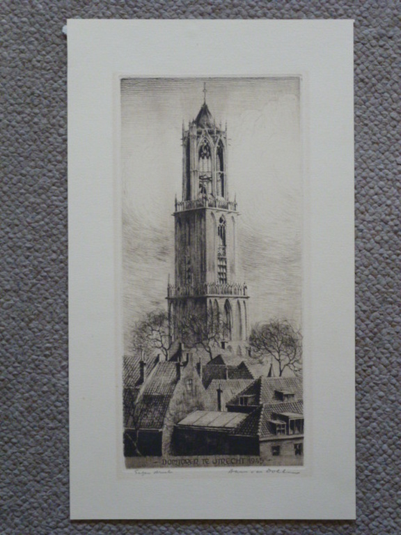 Hans van Dokkum - ets - Domtoren te Utrecht 1945 kopen? Bied vanaf 30!
