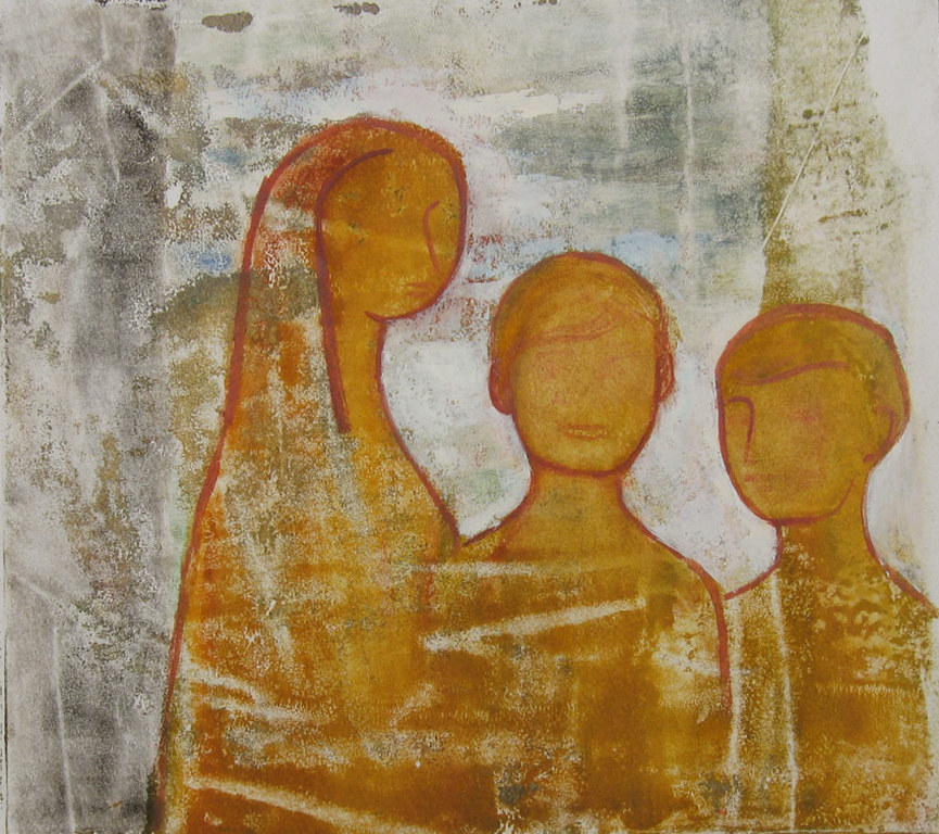 Familieportret - monotype en olieverf op papier - Irene Joffroy verkocht voor € 60!