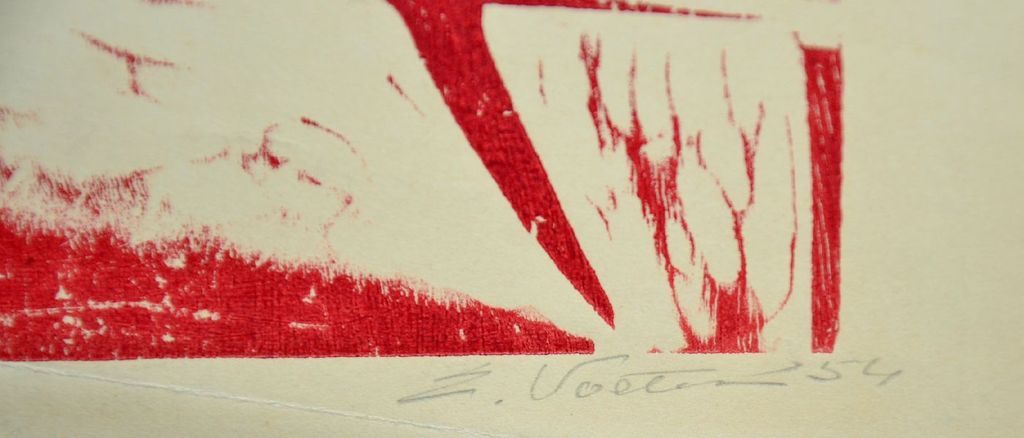 Emile Voeten: Houtsnede, Abstracte compositie in rood kopen? Bied vanaf 1!