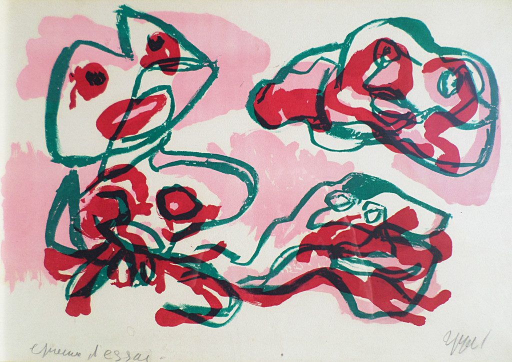 Karel Appel - Figuren in rood, groen en roze (mooi ingelijst) verkocht voor € 650!