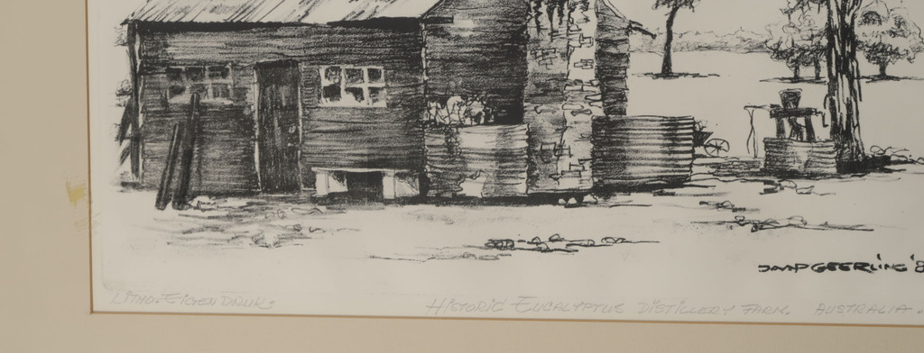 Jaap Geerling: Litho, Historici Eucalyptus distillery farm Australia - Ingelijst kopen? Bied vanaf 1!