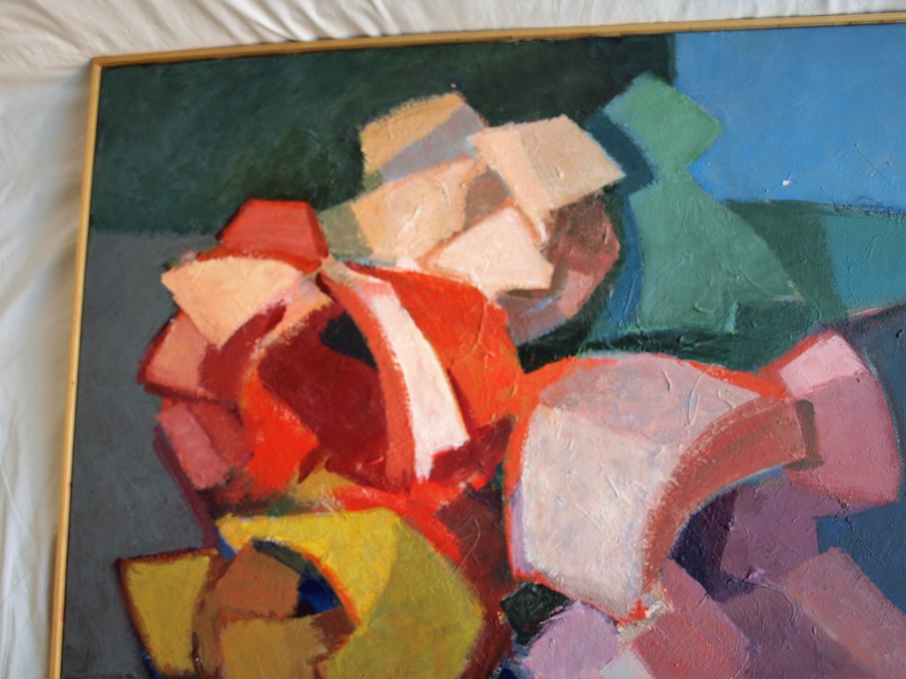 Onduidelijke signatuur : Olieverf op doek , Rozen in blauwe vaas - GROOT  kopen? Bied vanaf 1!