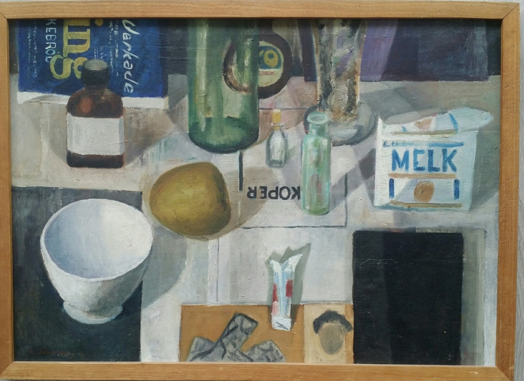Bob van Walderveen. Olieverf op doek. Stilleven op keukentafel. verkocht voor € 455!
