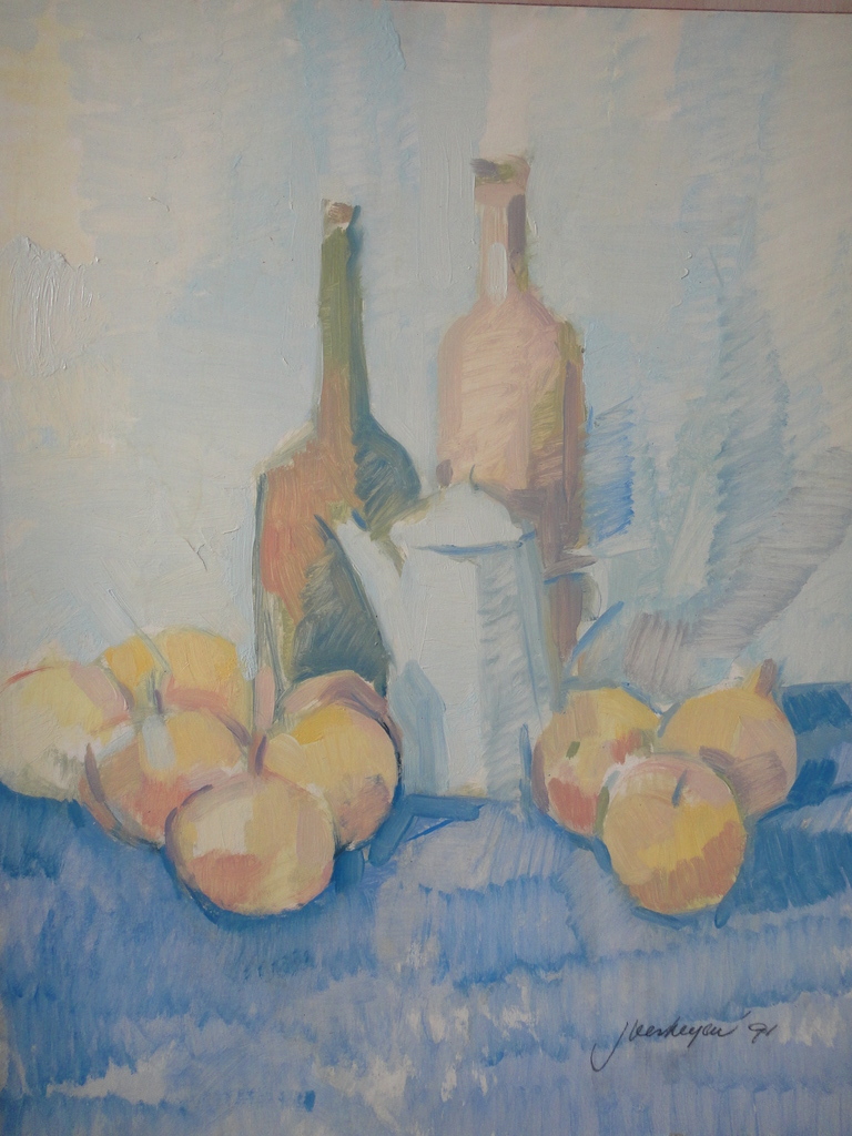 Jan Verheijen, olieverf op board, stilleven met fruit en theekan I kopen? Bied vanaf 1!