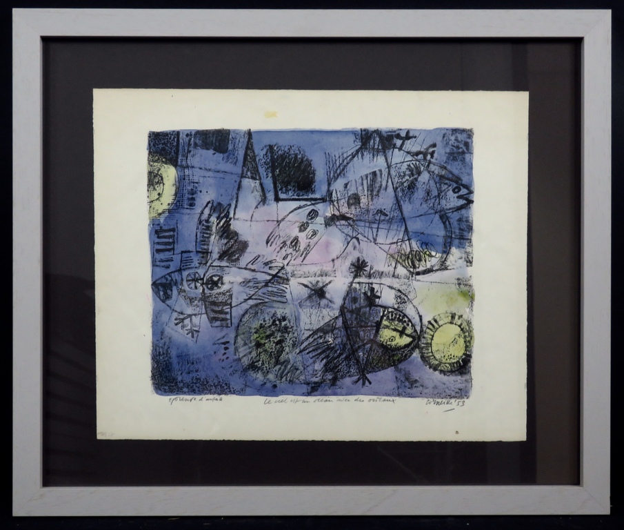 Corneille: Litho met Aquarel, Le ciel est un ocean avec des oiseaux - Uit 1953 Ingelijst verkocht voor € 2201!