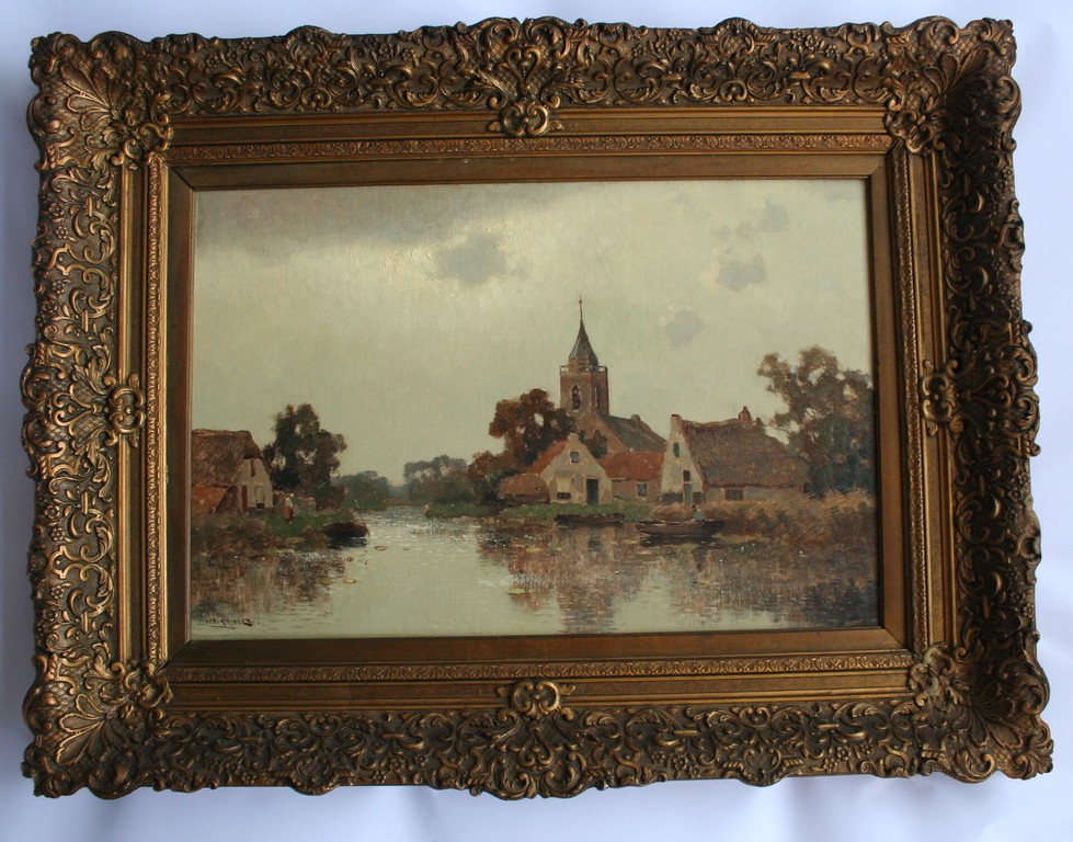 Jan Simon Knikker Sr. - olieverf op doek - dorps tafereel aan het water  kopen? Bied vanaf 420!