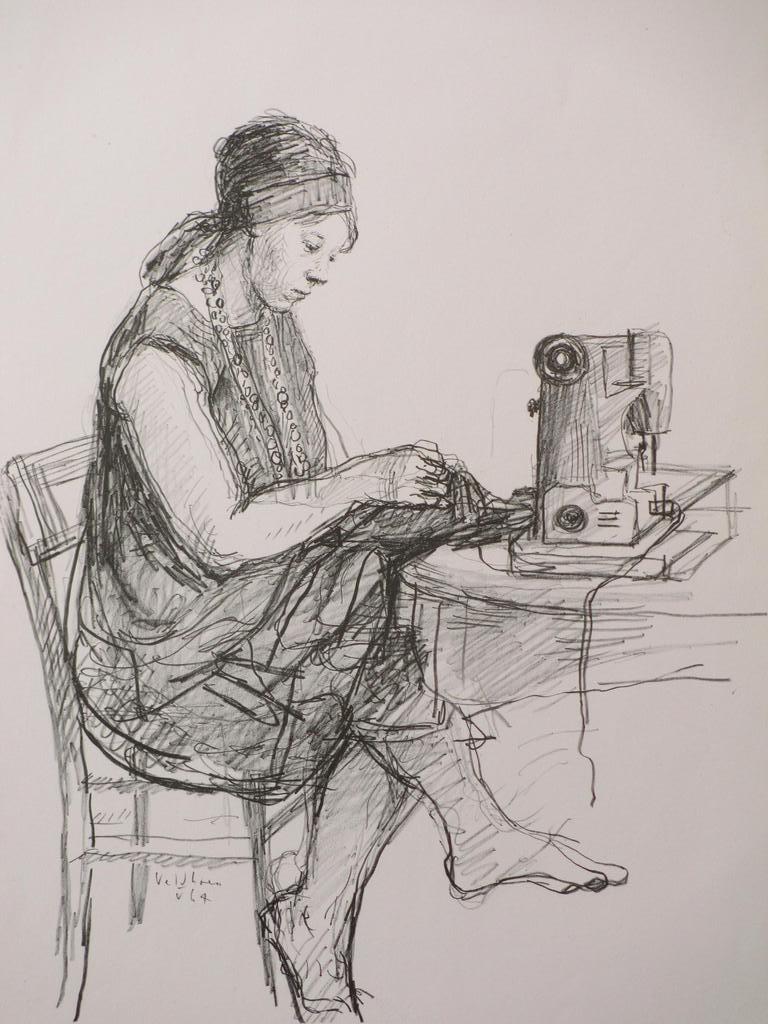 Aat Veldhoen, Naaister aan tafel, Rotaprent verkocht voor € 60!