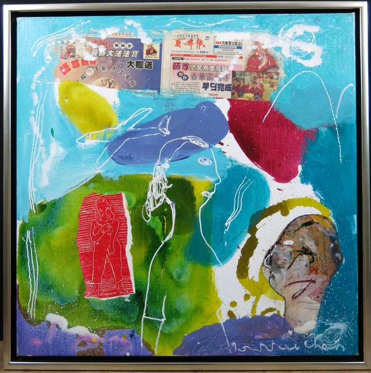 Dominique Chan: Acryl en collage op doek, Z.T. - Ingelijst (groot) kopen? Bied vanaf 250!