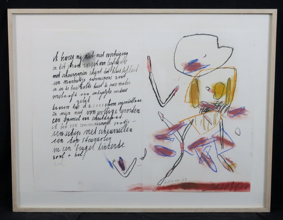 Jurjen de Haan: Tekening, Ik beweeg mij niet met enz. - Ingelijst verkocht voor € 70!