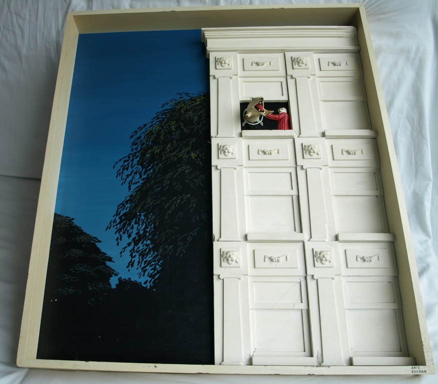 Aris Roskam : Beelden in kabinet – Hond uit het Raam – gesigneerd – ca 1980 kopen? Bied vanaf 30!