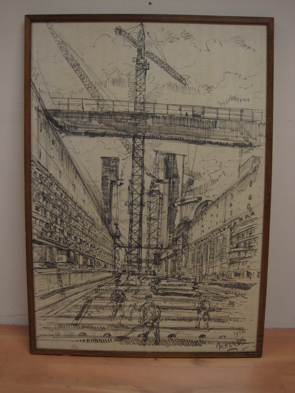 Jan Makkes ** GROOT! tekening "aanleg Kreekraksluis Bergen op Zoom" 1972 verkocht voor € 51!