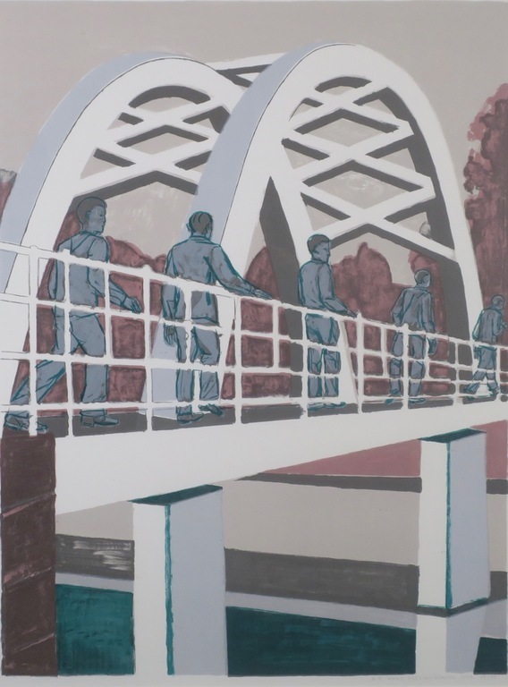 Hans Ebeling Koning: Zeefdruk, Brug rechts - Ingelijst kopen? Bied vanaf 1!