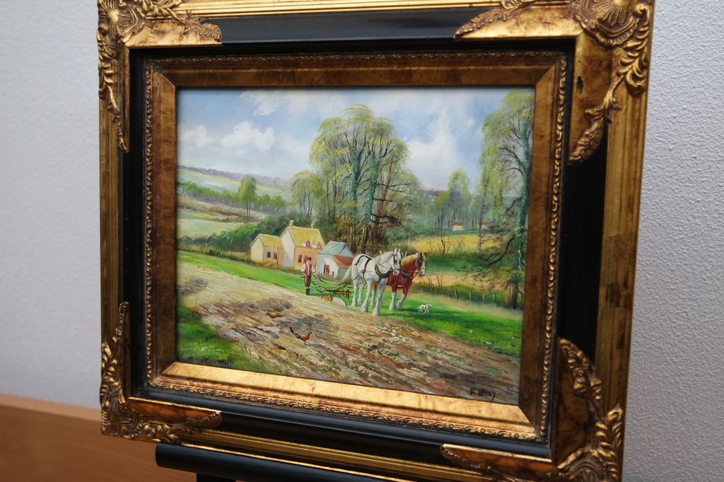 Landschap met ploegende boer - olieverf op paneel - gesigneerd r.o. kopen? Bied vanaf 39!