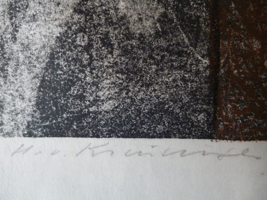 Harry van Kruiningen - kleurenlitho - Dierfiguur met 2 gezichten en rode zon  kopen? Bied vanaf 85!