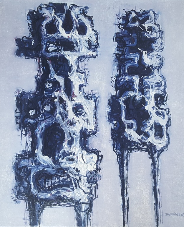 Laatste keer!: Theo l'Herminez - abstracte compositie, olie op doek, gesigneerd verkocht voor € 95!