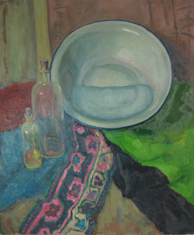 Hans van Dokkum: Olieverf, Stilleven met twee glazen flessen  verkocht voor € 70!