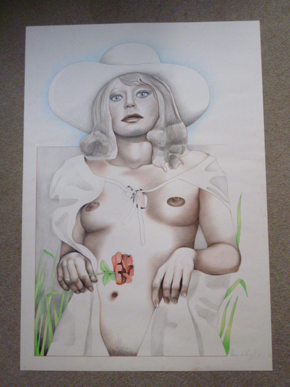 Onbekende kunstenaar - kleurentekening - Naakt met hoed en bloem kopen? Bied vanaf 45!
