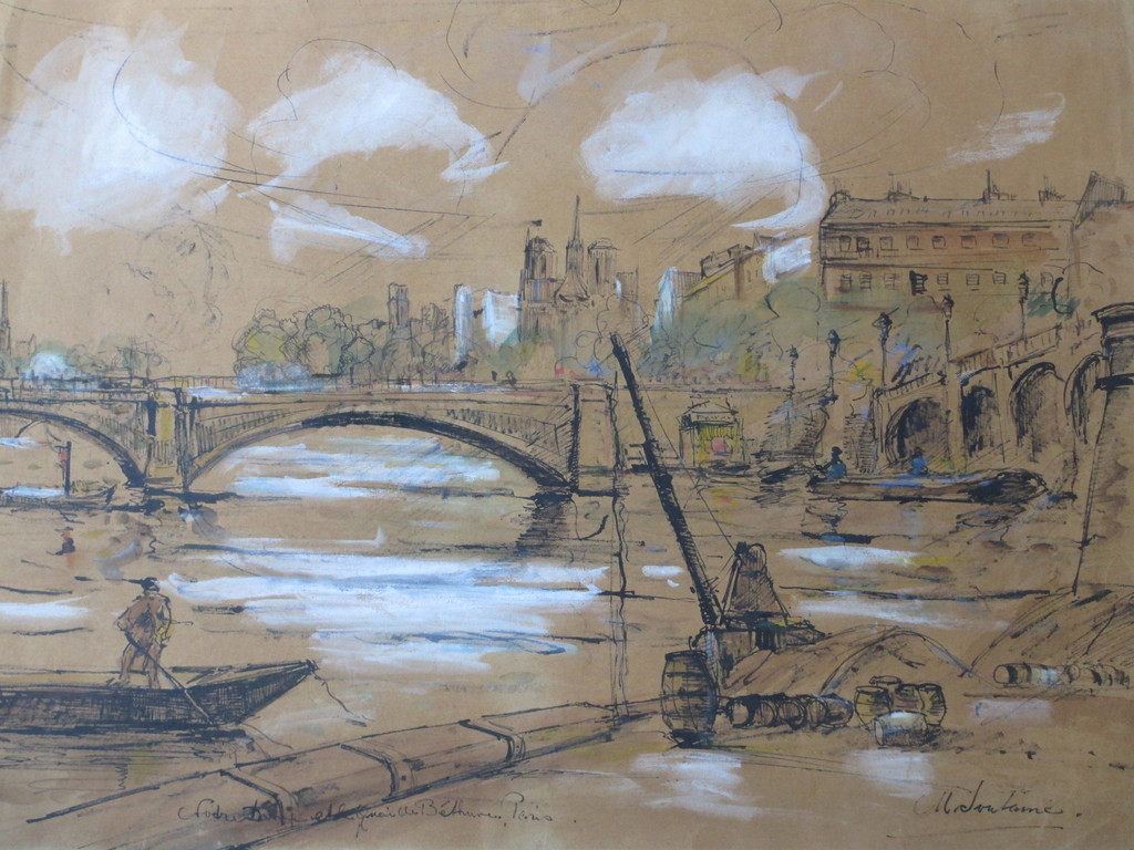 M.Soutine, Parijs' stadsgezicht aan de Seine, Gemengde techniek Verkocht Kunstveiling.nl