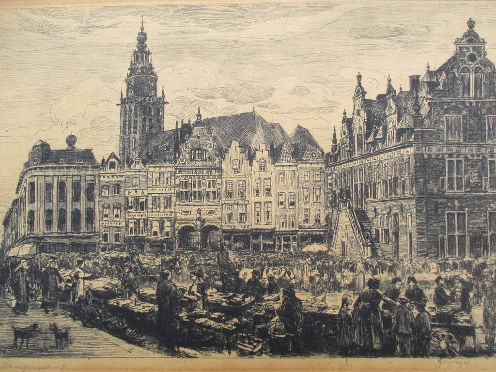 Waalko J. Dingemans sr.: ets, Grote markt Nijmegen verkocht voor € 60!