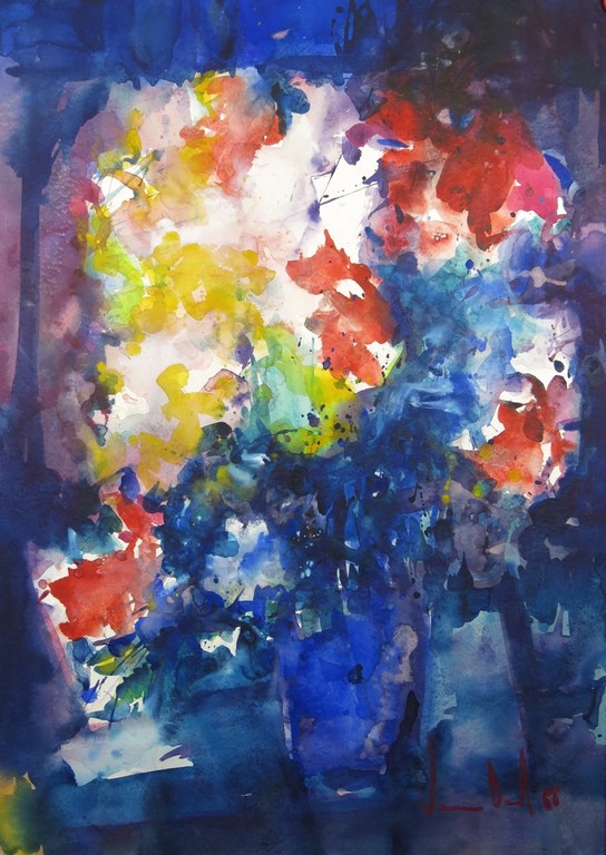 Walter van Oel: Grote Aquarel, Bloemen in een vaas kopen? Bied vanaf 200!