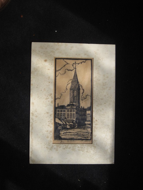 Typische Houtsnede "Den Haag grote Kerk en markt" Jac. de Beer 1888-1946 kopen? Bied vanaf 1!
