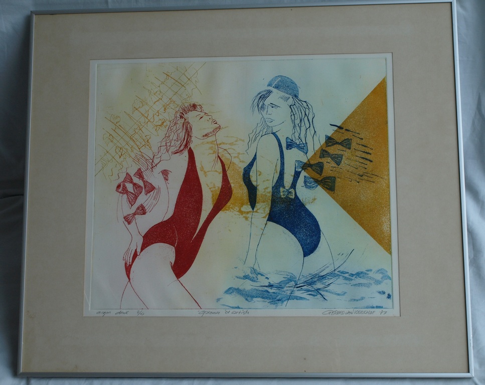 Gerard van Kerkhof : Ets – Dames in badpak - ingelijst – 1987 – oplage 10 ex. kopen? Bied vanaf 50!