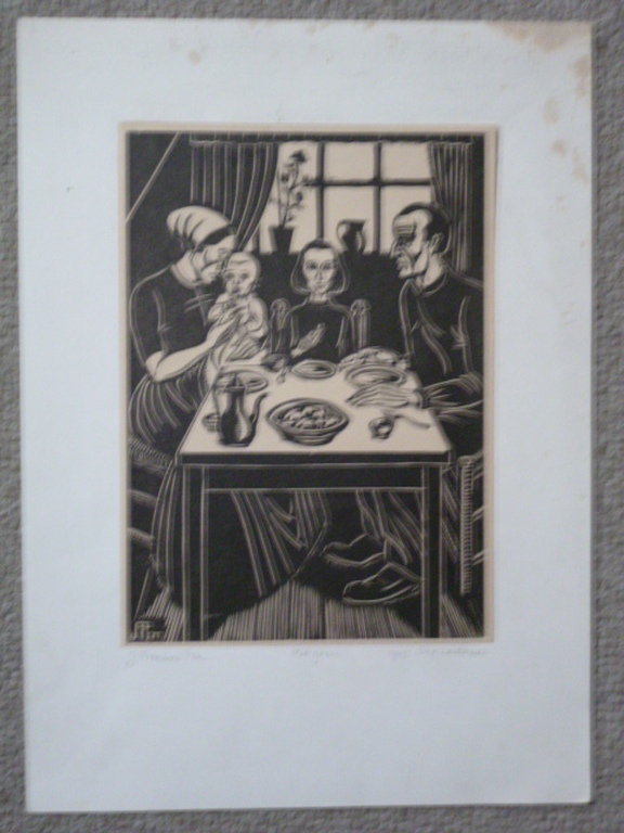 Jan Franken Pzn - houtsnede - Het gezin kopen? Bied vanaf 30!