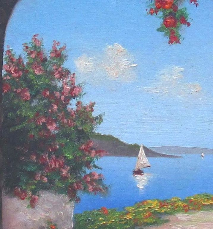 N. Okel: Olieverf op boardkarton, Mediterraan doorkijkje met zeilboot kopen? Bied vanaf 1!