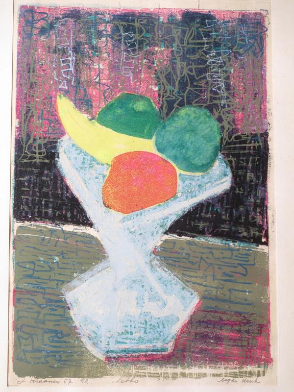Jaap Kraanen, Schaal met fruit op tafel, Kleurenlitho verkocht voor € 55!