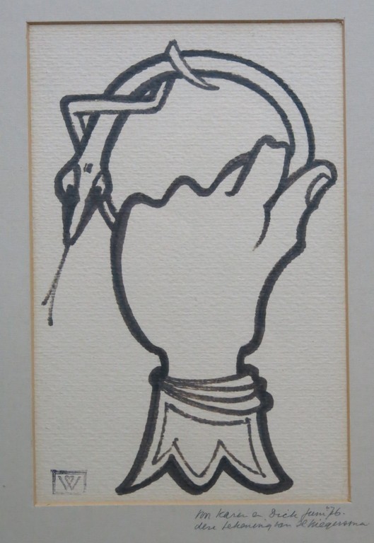 Hendrik Wiegersma: Inkttekening, Hand met Slang -Ingelijst verkocht voor € 70!