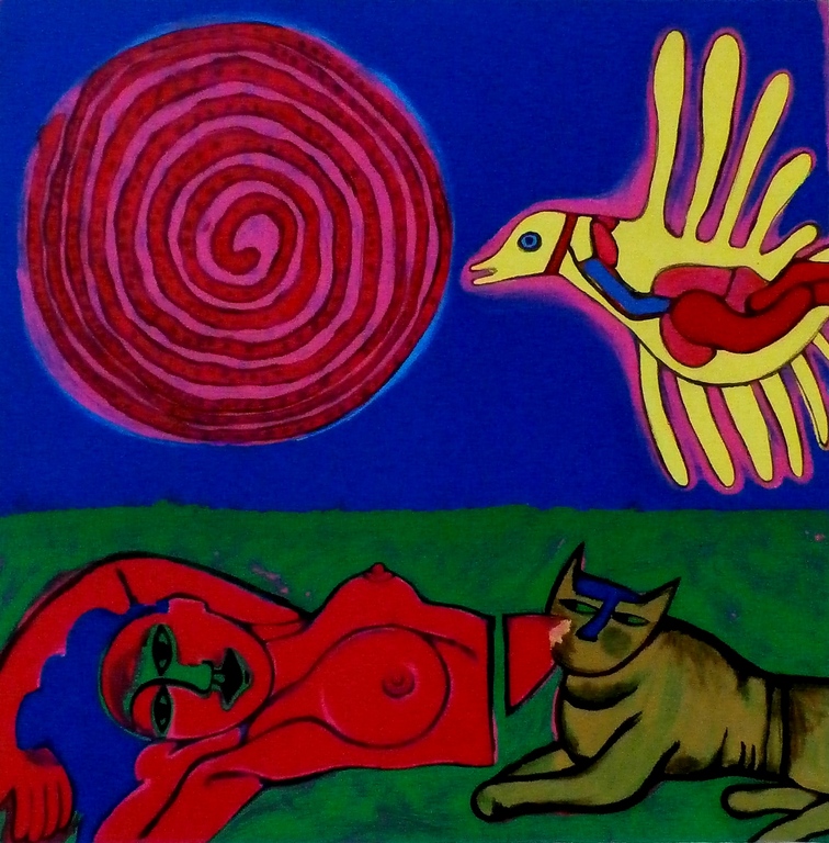 Corneille - zeefdruk: Femme, oiseau et chat - 1999 verkocht voor € 250!