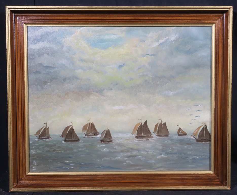 Herman Lievers: Olieverf op doek, Botters op de Gouwzee - Ingelijst kopen? Bied vanaf 1!