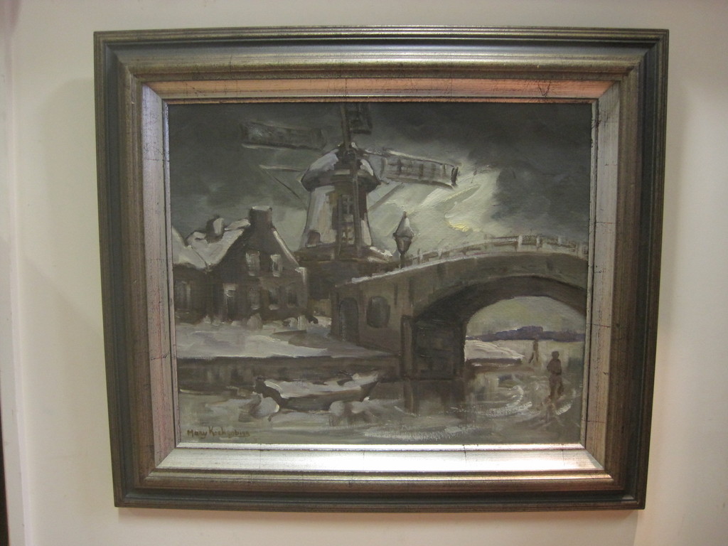 Mary Koekenbier (1942-) "winter in Alkmaar bij Molen van Piet" groot olieverf ! verkocht voor € 130!
