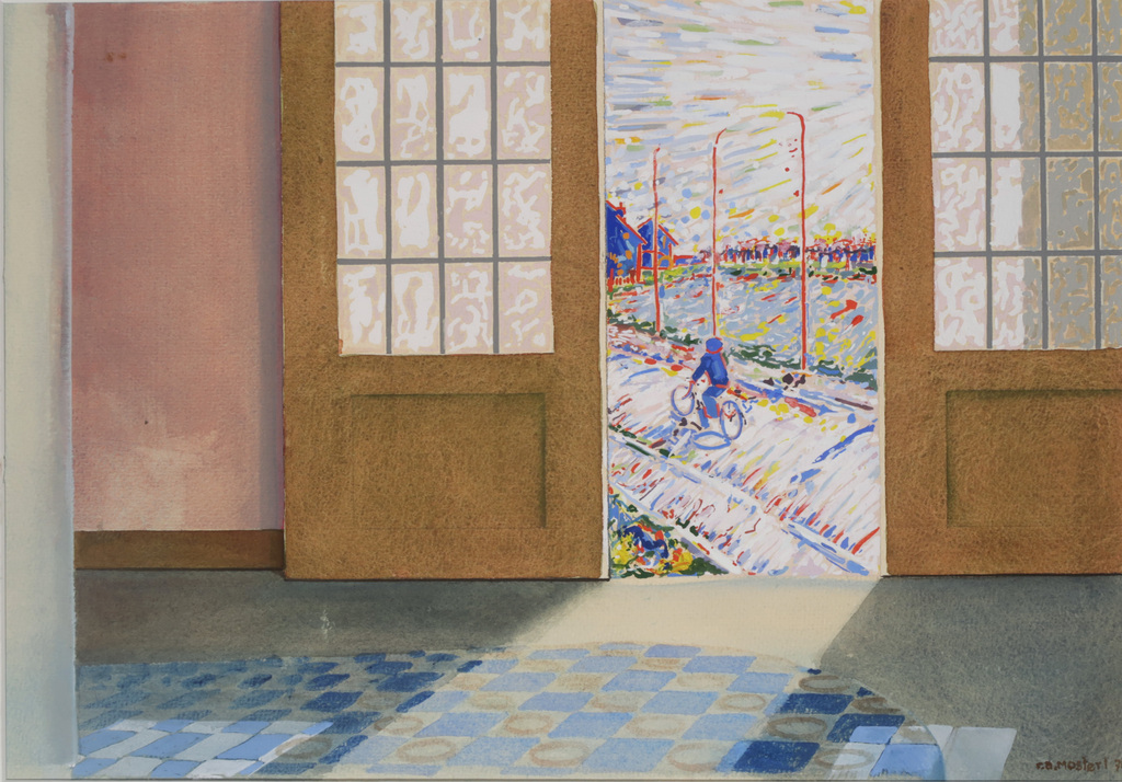 Roel Mostert: Aquarel en gouache, Wielrenner - Ingelijst kopen? Bied vanaf 35!