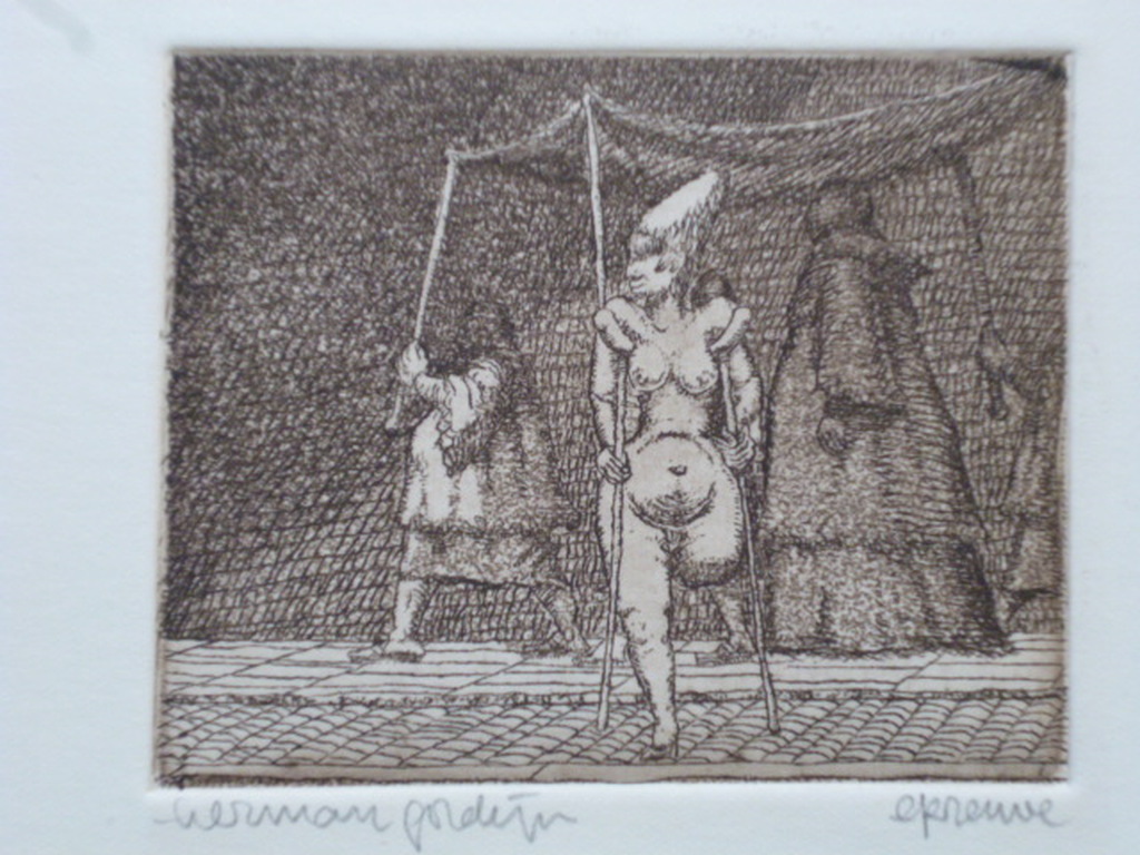 Herman Gordijn - ets - Naakte vrouw op krukken met één been verkocht voor € 55!