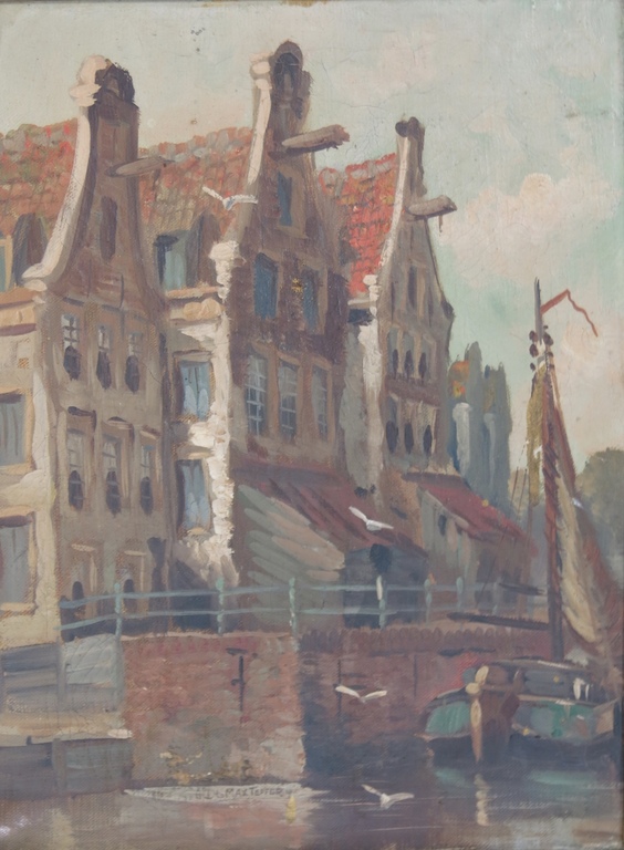 Max Teffer: Olieverf op doek, Gracht met kotter kopen? Bied vanaf 1!