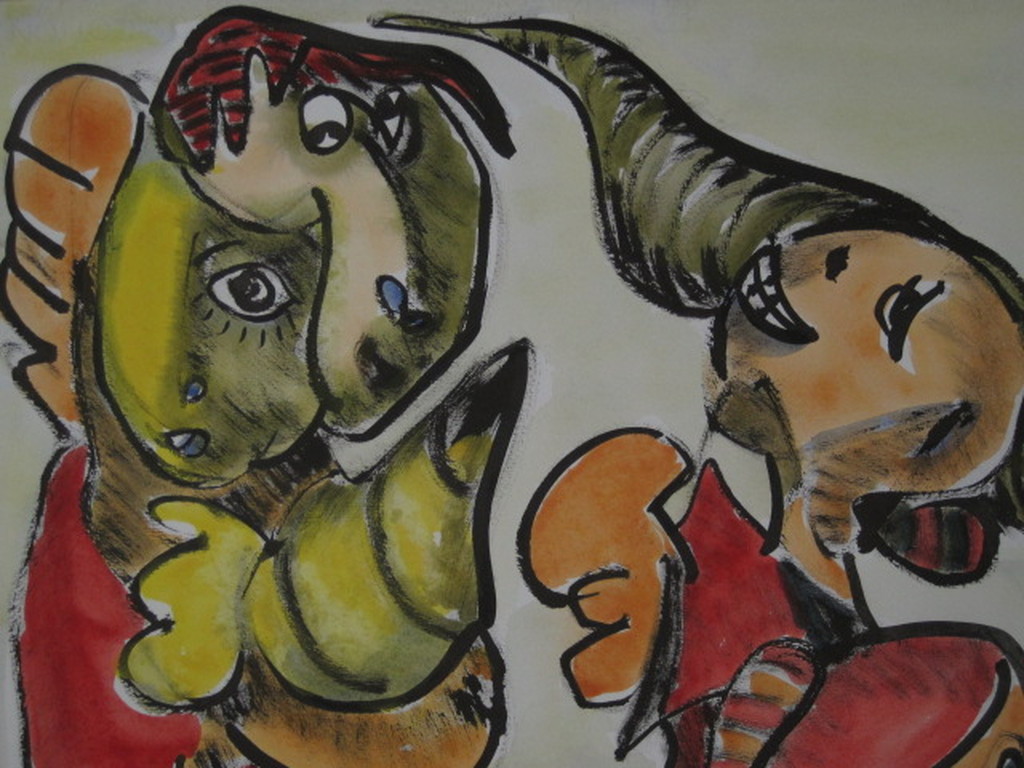 Mooie Quintus Jan Telting 1931-2003 grote gesigneerde Gouache "Life Dancers"  kopen? Bied vanaf 1!