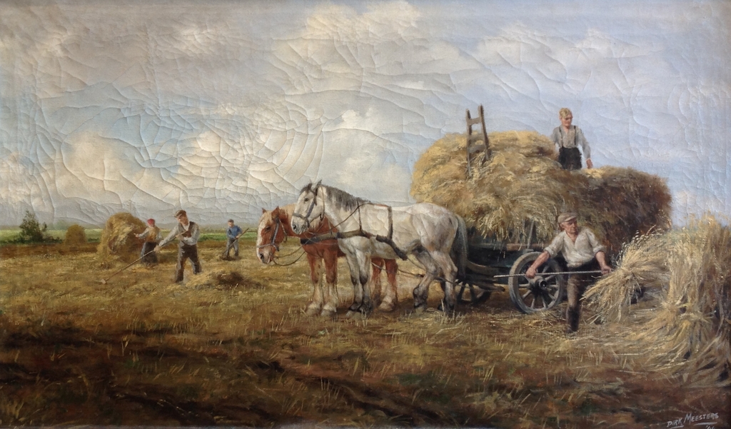 Dirk Meesters, Olieverf op doek, Werkende boeren op het land verkocht voor € 100!