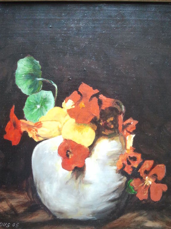 Guus- Stilleven met bloemen - olieverf op paneel/Dorpszicht - olieverf op doek kopen? Bied vanaf 40!