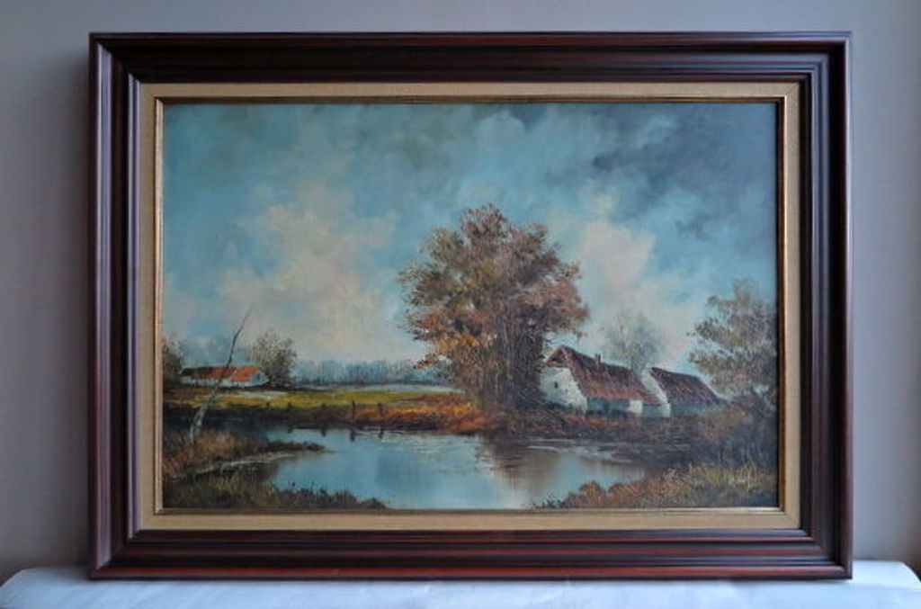 Groot schilderij onduidelijke signatuur-gelijst olieverf/doek - Polderlandschap  kopen? Bied vanaf 1!