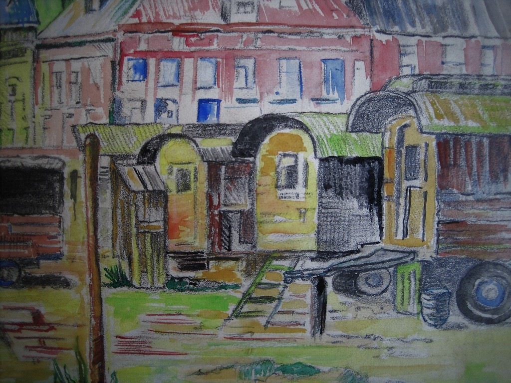 Mooie oude ca 1930 Aquarel "Woonwagens in Amsterdam Westertoren" onges. kopen? Bied vanaf 1!