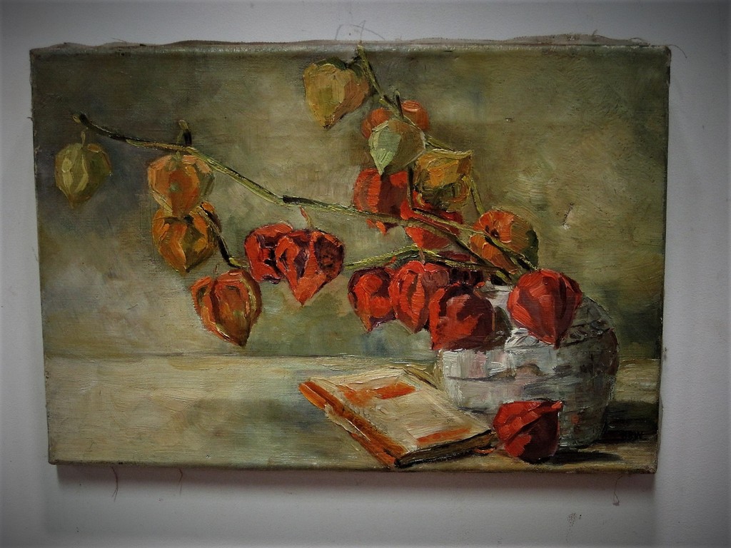 Gesigneerd impressionistisch olieverf stilleven met bloesemtak omstreeks 1920 verkocht voor € 75!