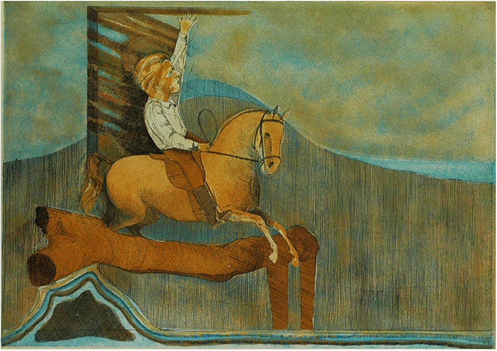 Aat Verhoog: Ruiter te paard springend over de boomtakken - ets kopen? Bied vanaf 75!