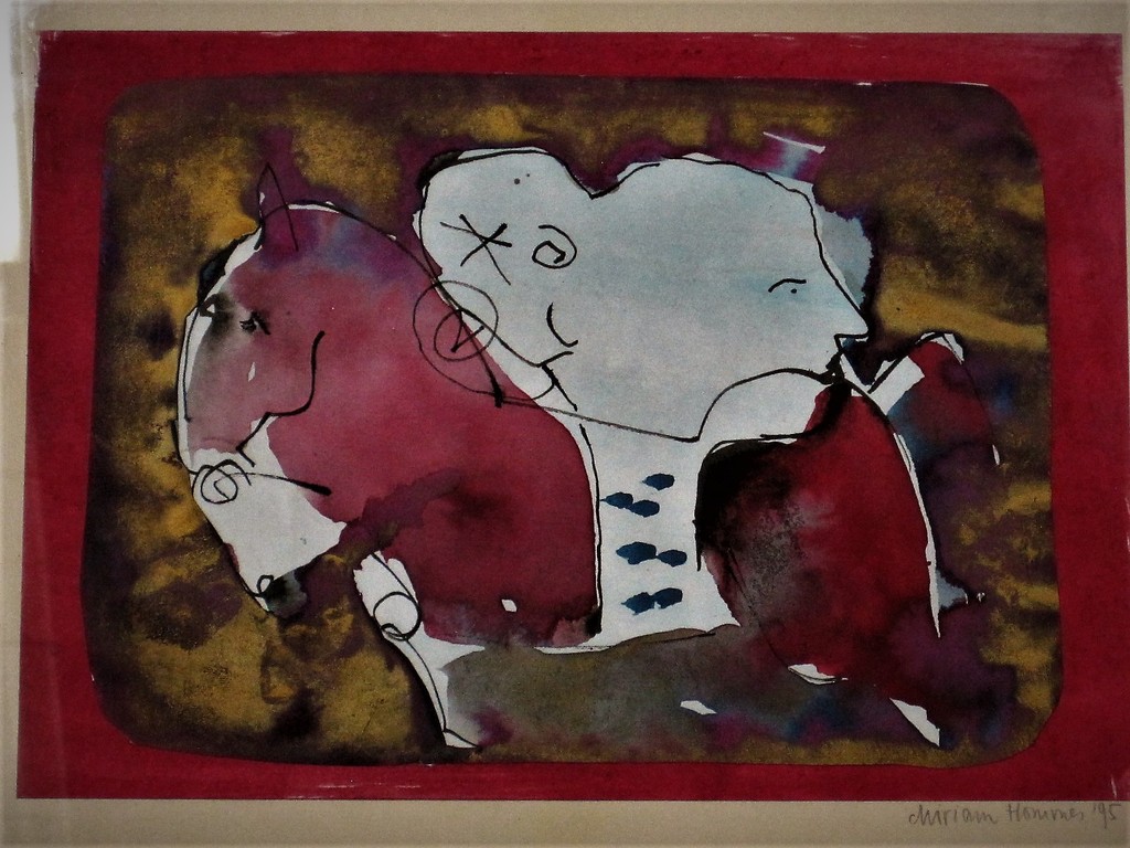Mooi Naief Abstract Aquarel "Man en Paard" van Miriam Hommes (1961-)  kopen? Bied vanaf 1!