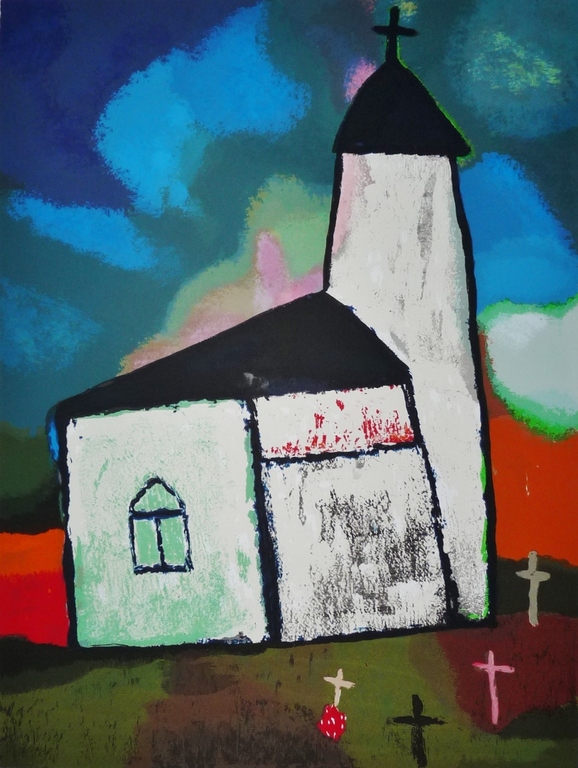 Toon Hermans: Zeefdruk, Kerkje, Gesigneerd kopen? Bied vanaf 275!